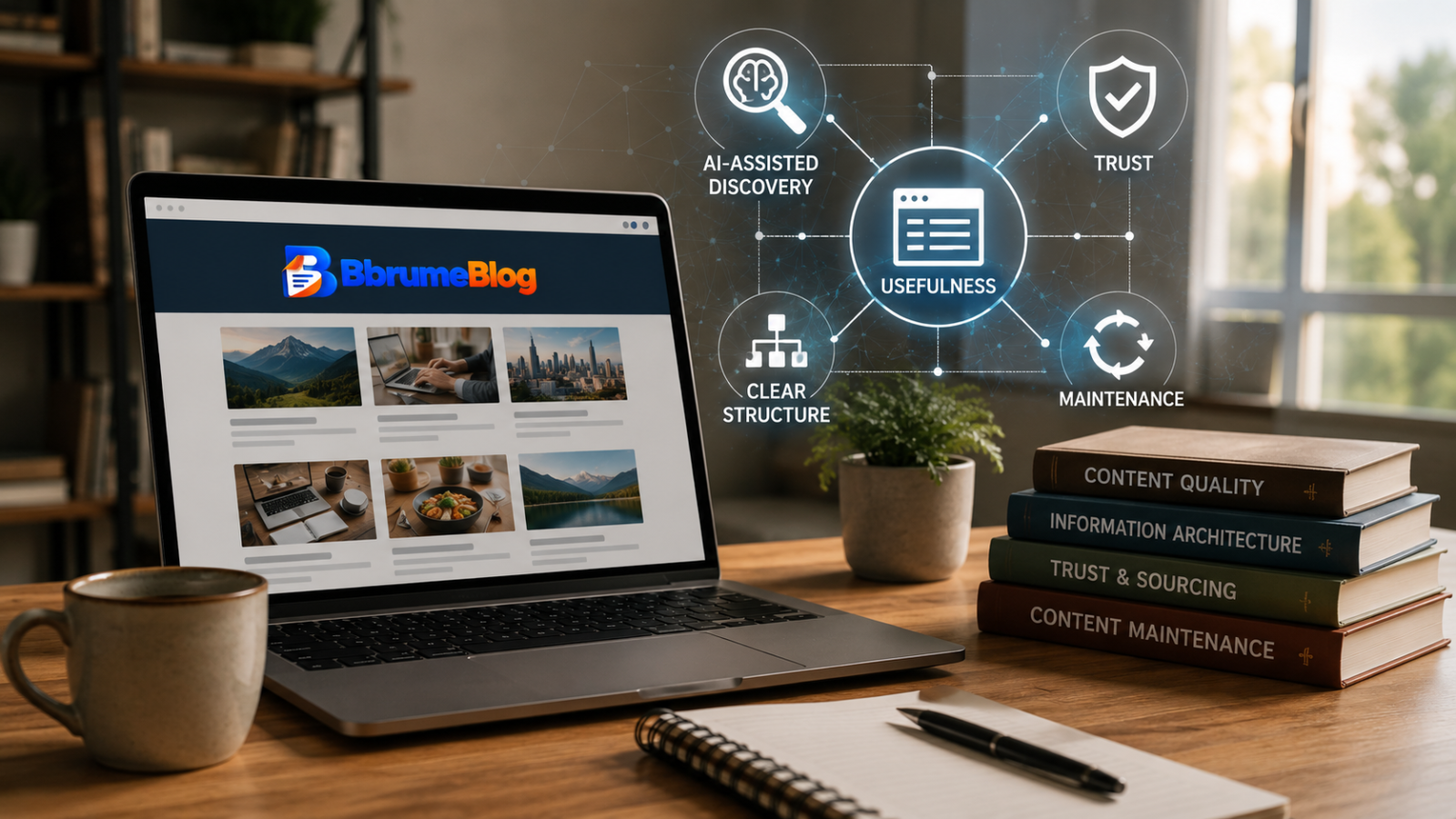 Online blogging with AI-assisted discovery, content quality, trust, and clear structure.